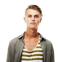 Image showing Young man, portrait and face in fashion with hairstyle or blank stare isolated against a white studio background. Attractive, Gen z or handsome male person or model in stylish or casual clothing