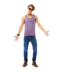 Image showing Casual, fashion and portrait of man on vacation, holiday or happiness in sunglasses with hat. Happy, face or excited person in jeans and tshirt for weekend, break or hipster style in white background