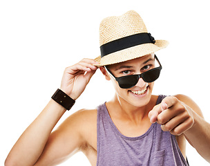 Image showing Happy, pointing and portrait of a man in clothes for summer, fashion and greeting. Smile, sunglasses and a young person with a hat and vest for hipster style, stylish or trendy on a white background