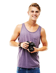 Image showing Happy, photographer and portrait with a camera in studio, space and white background. Digital, photography and man with confidence, pride and creative work with videography, paparazzi or model