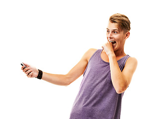 Image showing Man, phone and biting hand in studio for message, notification or internet text on white background with surprise. Person, smartphone and nervous for social media, technology and email with network