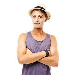 Image showing Fashion, portrait and a man with arms crossed on a white background with pride and confidence. Looking, face and a guy or person with an expression, cool and stylish with fashionable clothes