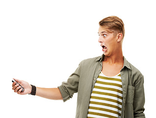 Image showing Man, phone and shocked in studio for message, notification or internet text on white background with surprise. Person, smartphone and surprised for social media, technology and email with network