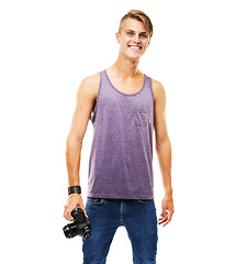 Image showing Paparazzi, photographer and portrait with a camera in studio, space and white background. Digital, photography and man with confidence, pride and happy with creative work with videography or model