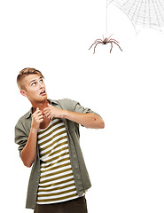 Image showing Spooky, spider and man with fear or scared in studio, white background or mockup with horror. Scary, emoji and person afraid of danger with terror and anxiety for Halloween surprise in mock up space