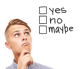 Image showing Man, face and thinking in decision for yes, no or maybe isolated against a white studio background. Young male person in wonder, thought or idea for selection choice or checkbox icons on mockup space