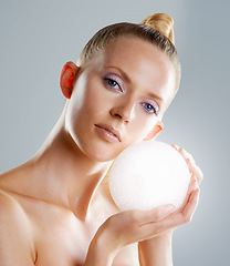 Image showing Beauty, makeup and ball portrait of woman in studio with color eye shadow, creative facial and luxury skincare. Fashion, light cosmetics and face of model with unique aesthetic on white background.