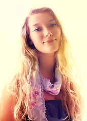 Image showing Portrait, smile and filter with a hipster woman outdoor on a light background for beauty or fashion. Face, boho and a happy young blonde person in a scarf looking confident in the season of summer