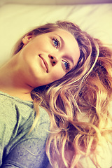 Image showing Face, thinking and a woman in the bedroom of her home to relax on the weekend during a summer morning. Beauty, idea and inspiration with a young gen z person chilling alone in her apartment