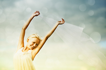 Image showing Portrait, space and dance with a woman on bokeh for freedom, energy or to relax in the wind and fresh air. Sky, summer and a happy young person feeling carefree while moving in rhythm to music