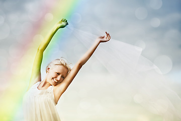 Image showing Portrait, rainbow and dance with a woman on bokeh for freedom, energy or to relax in the wind and fresh air. Sky, space and a happy young person feeling carefree while moving in rhythm during summer