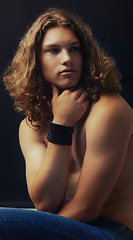 Image showing Man, shirtless and beauty with hair in studio, curls and shine with model on dark background. Young, fit and gen z, muscle and skin with cosmetics, hipster casual and calm with curly hairstyle