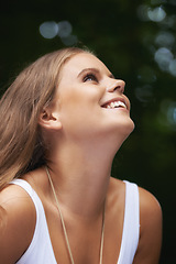 Image showing Woman, smile and profile in nature for happiness, healing and freedom in outdoors, hope and relax. Profile, female person and thinking on future, growth and peace on adventure, travel and vacation