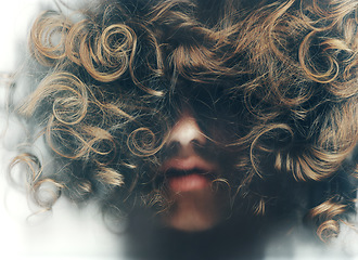 Image showing Person, hair and beauty in closeup from bottom view for portrait in studio on white background. Male model, curls or natural with care, style and healthy growth with cosmetic, keratin and treatment