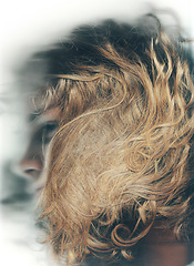 Image showing Hair, care and closeup of man with damaged hairstyle in barber, studio or salon. Split ends, haircut and person at the hairdresser for treatment with messy, frizz and knot in long wavy strands