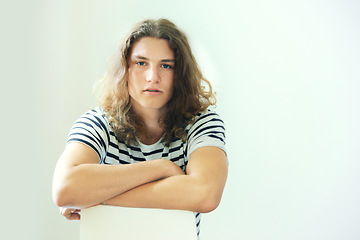 Image showing Hair, salon and portrait of man in studio for beauty, cosmetics or dermatology in white background. Haircare, model and face of person with treatment for frizzy or messy hairstyle and skincare