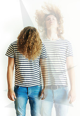 Image showing Fashion, double exposure or man with long hair with jeans, hipster clothes, punk style in studio. Creative overlay, edgy aesthetic or young male person with cool or stylish shirt on white background