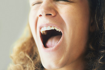 Image showing Frustrated, stress or man screaming with anger, loud noise or mouth open for depression anxiety. Emotion, lose control or face of a moody person yelling with expression for pain, voice or argument