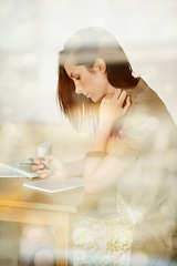 Image showing Woman, thinking and writing in journal by desk, coffee shop and creative inspiration in gen z style. Young, student and mindfulness by notebook with pen, planning and textbook with brainstorming