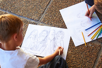 Image showing Talent, outdoor and boy with a sketch, drawing and artistic with creativity, thinking and development. Person, student and kid with paper, pencil and natural with project, learning and knowledge