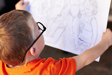 Image showing Talent, boy and student with a sketch, drawing and creativity with inspiration, artistic and thinking. Person, kid and model with glasses, childhood and development with education, skills and paper