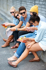 Image showing Street, friends and people with animal mask for fashion party, bonding and talking. Group, sunglasses and dress up in city, stylish men and women or hipsters sitting outdoor together for Halloween