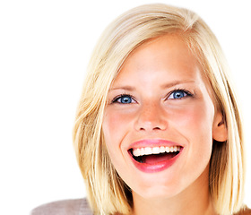 Image showing Portrait, woman and smile with beauty for skincare, facial treatment and natural glow in studio on mock up space. Face, person and happiness for cosmetic, wellness and self care on white background