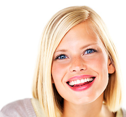 Image showing Woman, portrait and smile in studio for skincare, natural beauty and makeup on white background. Person, face and female with happiness for cosmetics, facial treatment and wellness, self care or joy