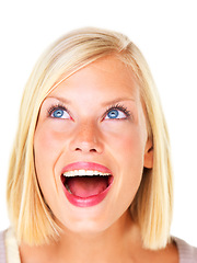 Image showing Woman, face and wow with smile for surprise, announcement and notification in studio on white background. Person, lady and shocked for winner, discount or fashion deal with success and achievement