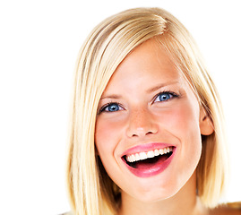 Image showing Portrait, woman and happy with beauty for skincare, facial treatment and natural glow in studio on mock up space. Face, person and smile for cosmetic, wellness and self care on white background