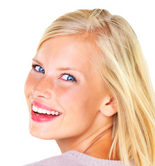 Image showing Portrait, woman and happy with glow for skincare, facial treatment and natural beauty in studio on mock up space. Face, person and smile for cosmetic, wellness and self care on white background
