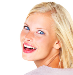 Image showing Portrait, woman and excited with beauty for skincare, facial treatment and natural glow in studio on mock up space. Face, person and happiness for cosmetic, wellness and self care on white background