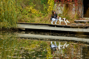 Image showing Young beautiful girl petting a dog near a lake in an autumn park