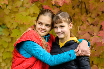 Image showing Close-up portrait of two girls of Slavic appearance in casual autumn clothes against the backdrop of an autumn forest, children looking to the left