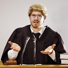 Image showing Legal, doubt and a judge man in court asking a question about trial evidence for a crime verdict. Law, justice and glasses with a confused lord justice listening to proof or testimony for a case