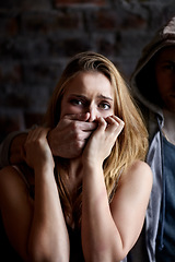 Image showing Woman, abuse and silence with hands, scared and partner with fear, afraid and victim. Relationship, harassment or home for physical assault, problem or domestic violence with terror, anxiety or pain