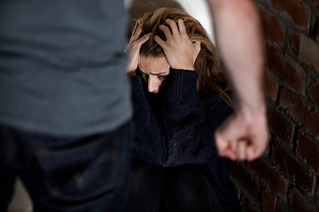 Image showing Man, woman and abuse with fist, scared or hiding from partner, fear and angry with hands, conflict or terror. Toxic relationship, harassment or home for physical assault, problem or domestic violence