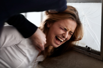 Image showing Woman, crying and abuse with physical assault, screaming and criminal with hands, conflict and fight. Toxic relationship, harassment and window for problem, aggressive and domestic violence attack