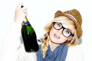 Image showing Wine, glasses and young woman in a studio with a trendy, cool and stylish outfit and accessories. Confident, portrait and female model from Australia with alcohol and casual style by white background