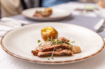 Image showing Beef steak with baked potato