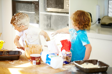 Image showing Brother, baking and flour with children fighting in the kitchen while making a mess of their home together. Cooking, recipe and ingredients with boy kids arguing about instructions in a house