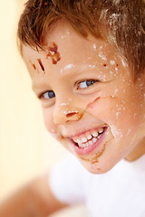 Image showing Portrait, smile and flour with a child in the kitchen of his home, learning how to bake for development. Children, cooking and a happy young kid looking naughty with food ingredients on his face