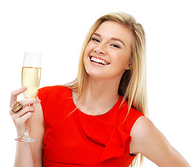 Image showing Portrait, champagne and toast with a woman in red isolated on white background at an event, party or gala. Face, success and alcohol glass with the smile of a happy young person celebrating in studio