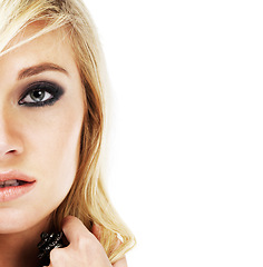 Image showing Portrait of blonde woman in eyeshadow, skincare and makeup in studio isolated on white background mockup space. Face, cosmetics and beauty of serious model in facial treatment, aesthetic and wellness