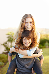 Image showing Siblings, teenager or carry back portrait for childhood memories, weekend activity on field. Sister, brother or face smile together for outdoor play hug or love in summer embrace, happy or connection