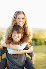 Image showing Siblings, teenager or back portrait smile for childhood memories, weekend activity on field. Sister, brother or face together for funny outdoor play hug or love in summer embrace, happy or connection