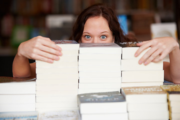 Image showing Woman, bookstore and stack on table in portrait with hidden face for discount, sales and promotion. Entrepreneur, library and mystery for retail deal, literature and knowledge for learning in shop