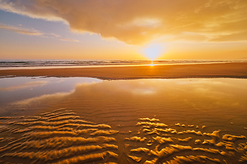 Image showing Atlantic ocean sunset with surging waves at Fonte da Telha beach, Portugal