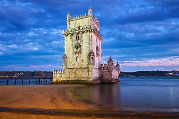 Image showing Belem Tower on the bank of the Tagus River in twilight. Lisbon, Portugal