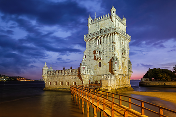 Image showing Belem Tower on the bank of the Tagus River in twilight. Lisbon, Portugal